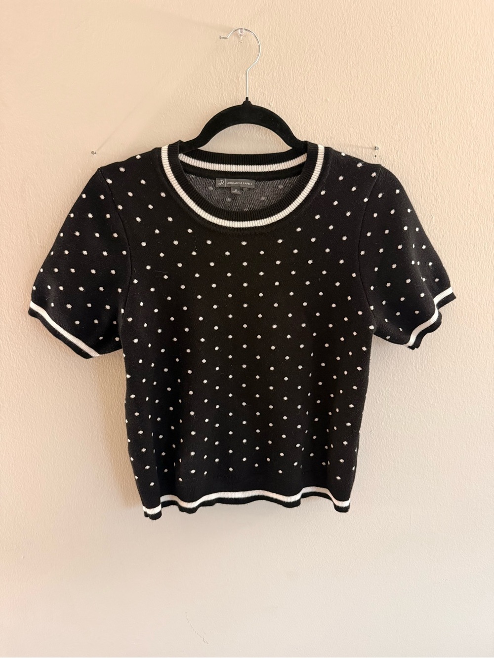 Adrianna Papell Black Short Sleeve Polka Dot Knit Top with White Trim